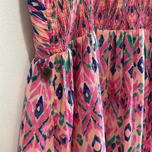 Roxy Neon Pink & multi colored patterned dress w front zip & spaghetti straps - Picture 7 of 12